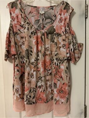 NAIF Peach Floral Cold-Shoulder Tunic with Chiffon Hem